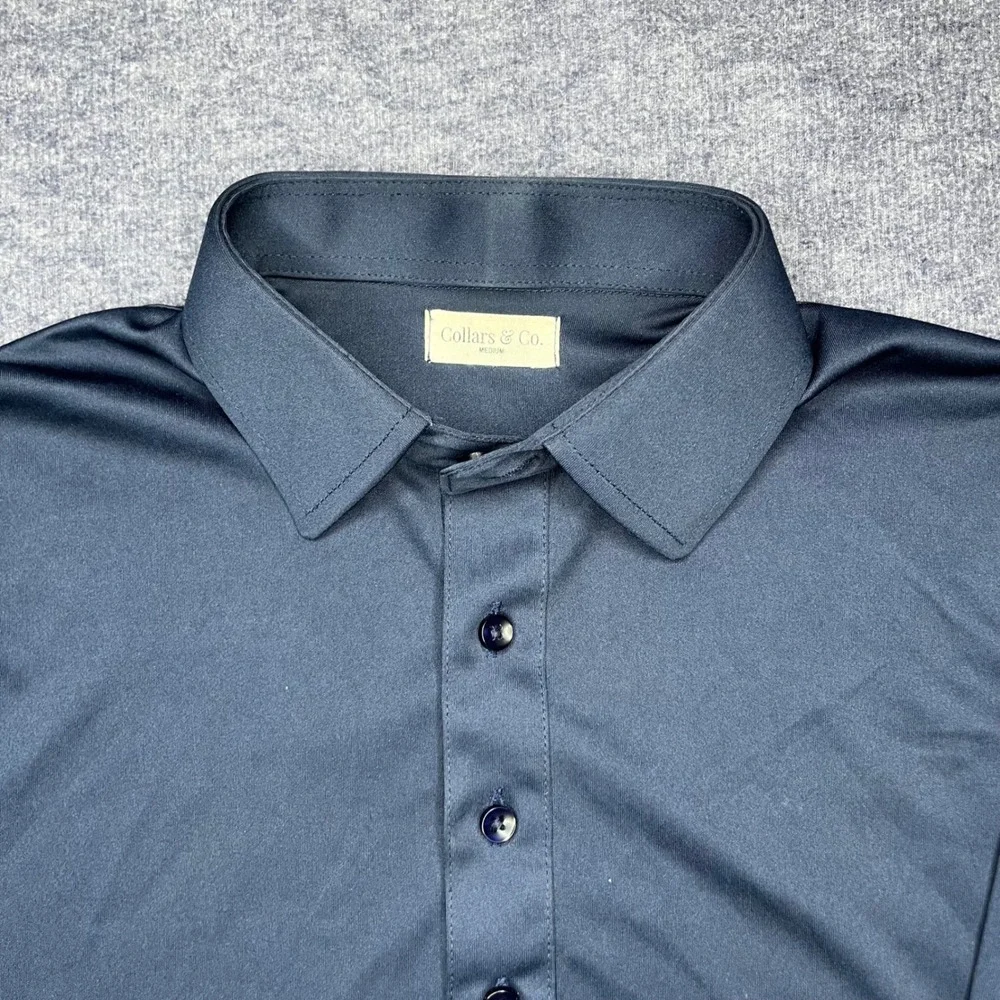 Collars & Co Mens Medium Navy Blue Long Sleeve Performance Polo Dress Shirt